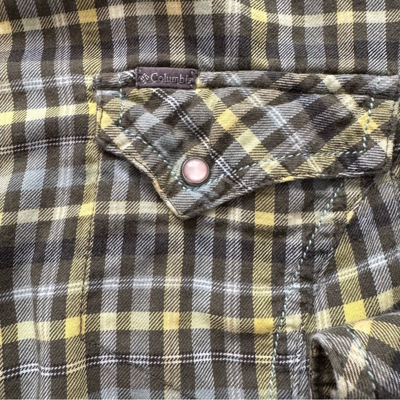 Columbia 100% Cotton Green Blue Yellow Plaid Long Sleeve Flannel Cabincore Sz M - Picture 6 of 14
